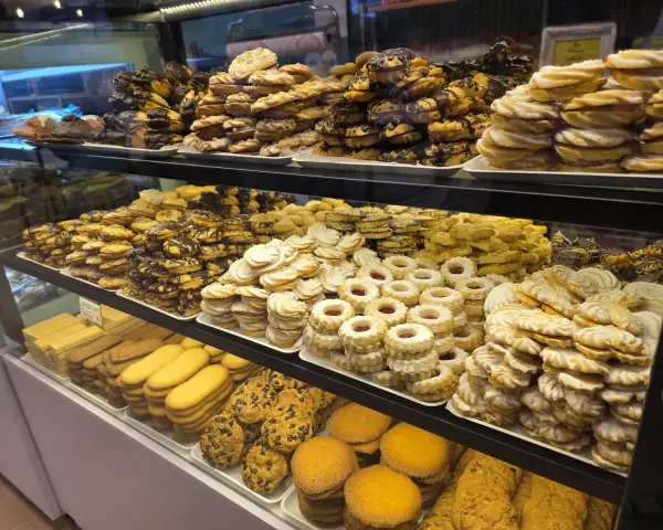 Vitrina con surtido de pastas, galletas y pasteles, en La Artesana, Parla